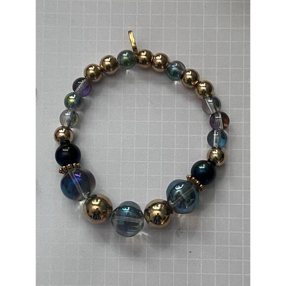 Mixed Metal Beaded Iridescent Glass Handmade Futuristic Design Stretch - Picture 1 of 3